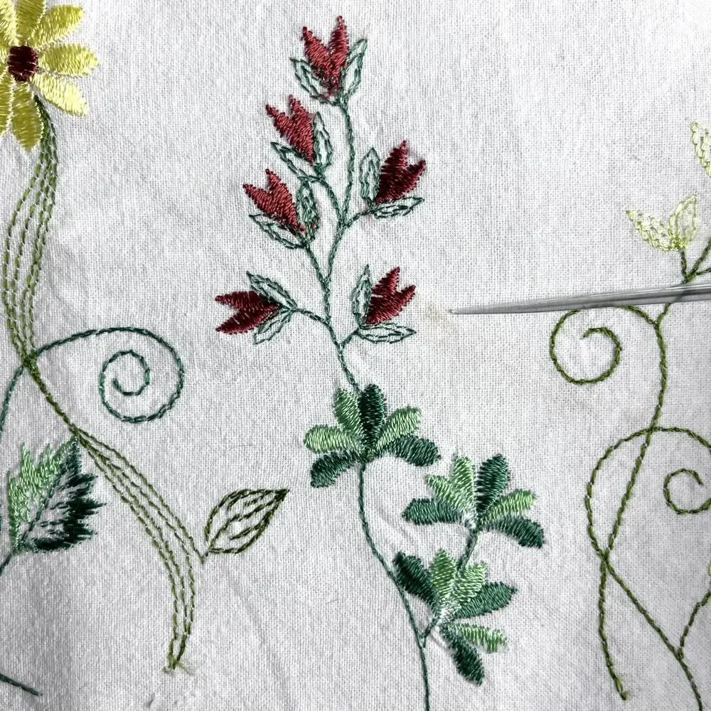 Pair of Embroidered Floral Cafe Curtains White Cotton Ladybug French Country